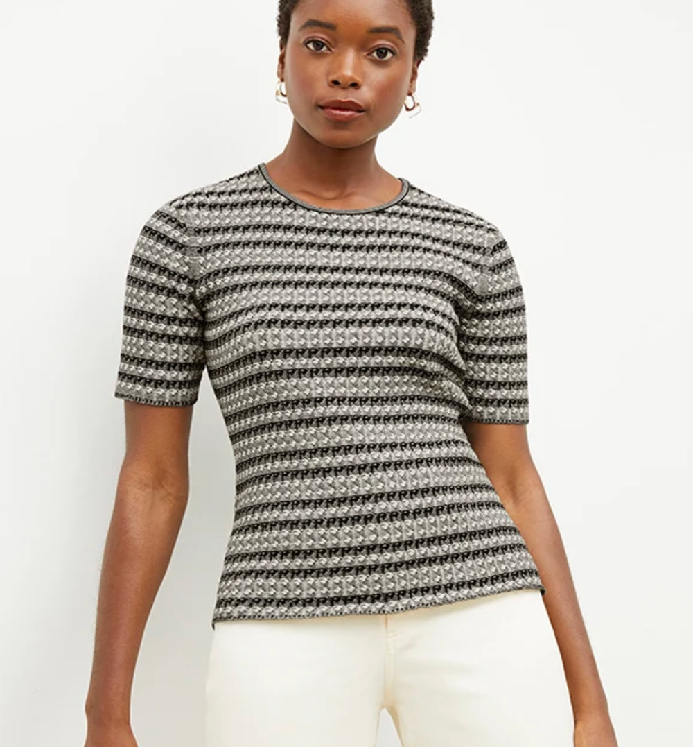 MM.LaFleur Charli Black Cable Knit Blouse Women's Size M Striped Stretch Fit